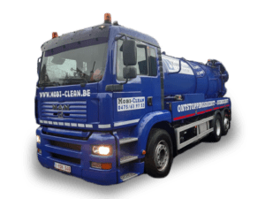 Mobi-Clean vrachtwagen in het blauw ontsoppingsvrachtwagen met 2 zwaailichten. Ruimdienst in Dentergem